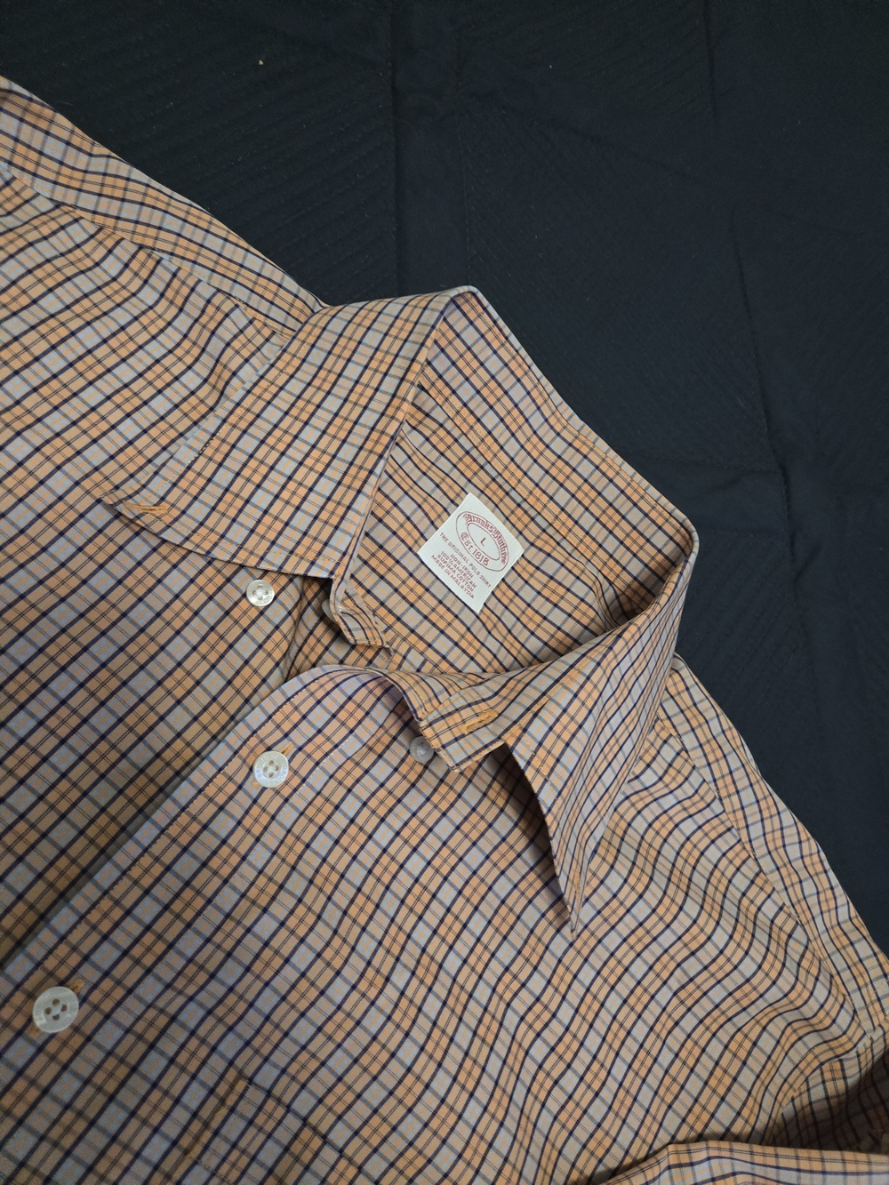 Brooks Brothers Men's Orange and Blue Check Button-Down Shirt Size L